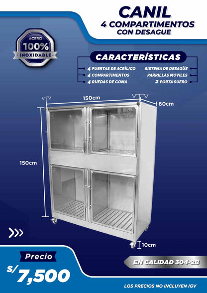 Canil de 4 Compartimientos + Puerta de vidrio + Sistema Interno de Desagüe - LM Inoxidables