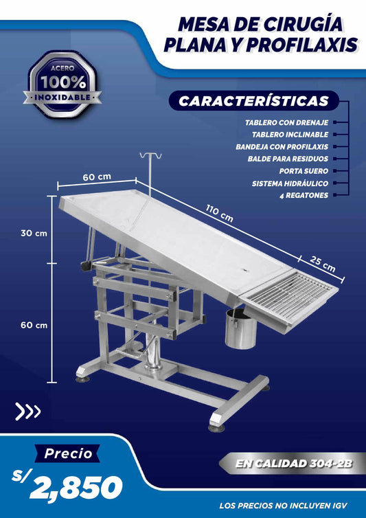 Mesa de Cirugía Plana con Profilaxis (Hidráulica) - LM Inoxidables