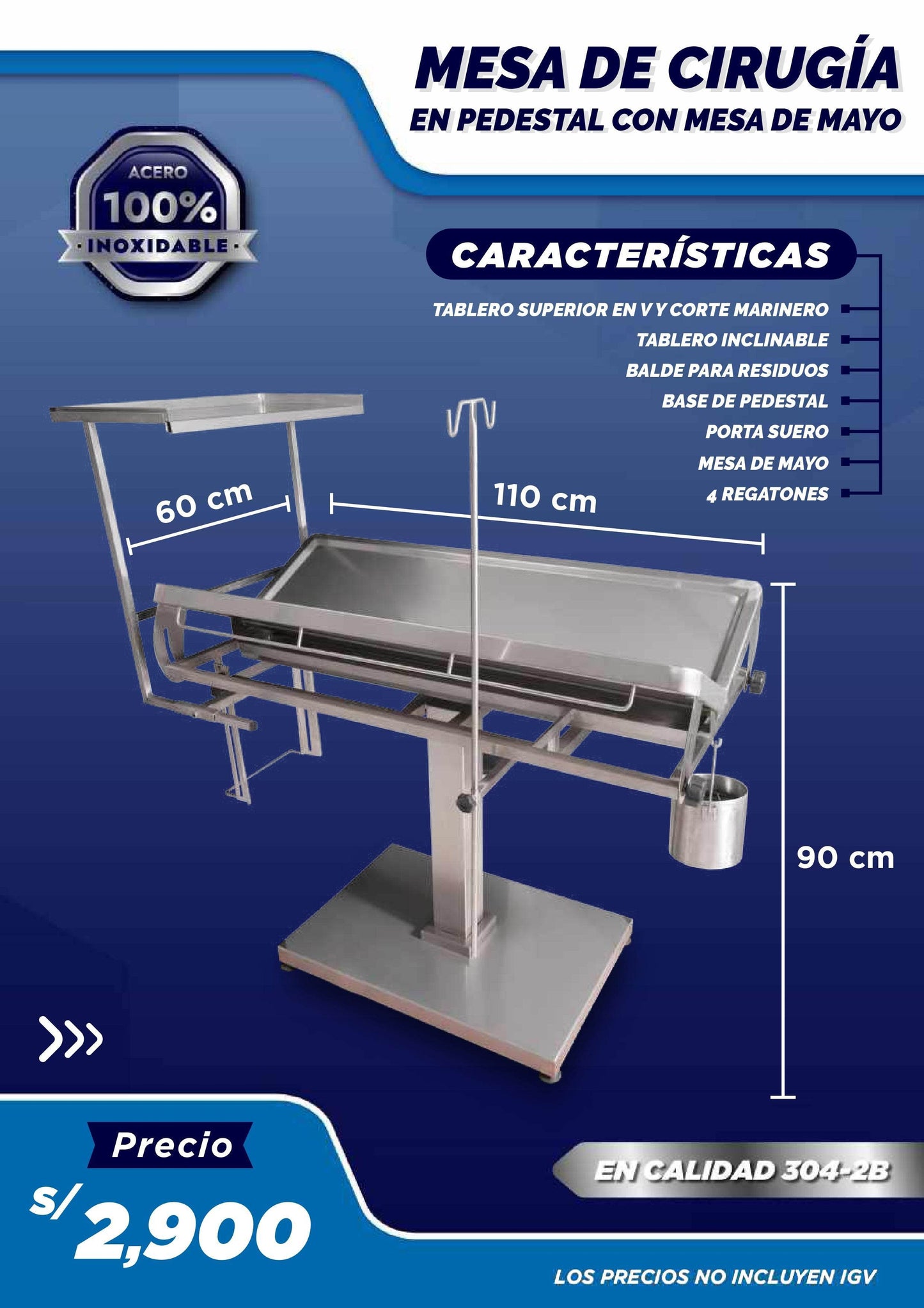 Mesa de Cirugía en Pedestal con Mesa de Mayo - LM Inoxidables
