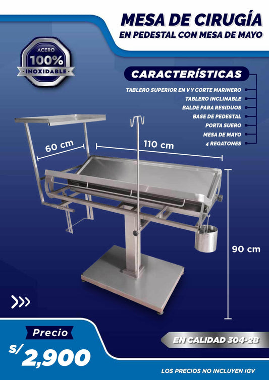 Mesa de Cirugía en Pedestal con Mesa de Mayo - LM Inoxidables