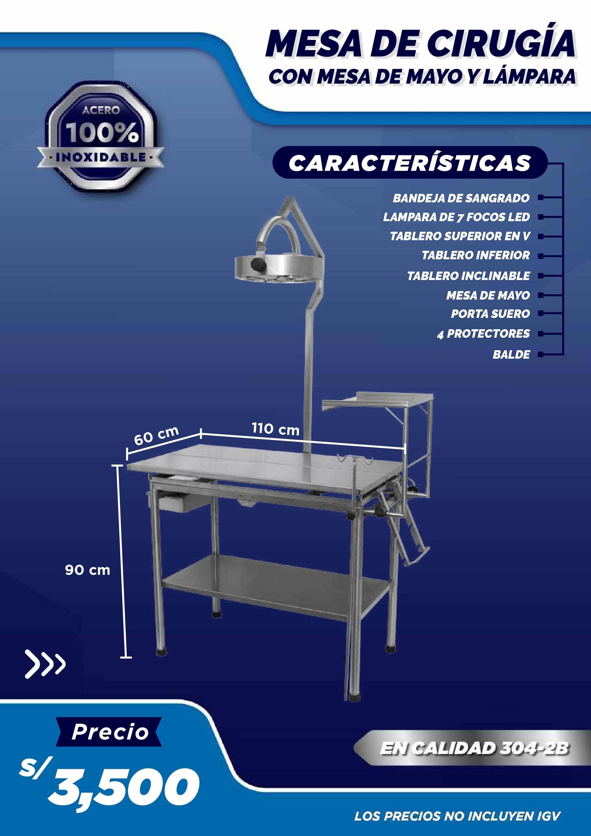Mesa de Cirugía (con lámpara y mesa de mayo) - LM Inoxidables