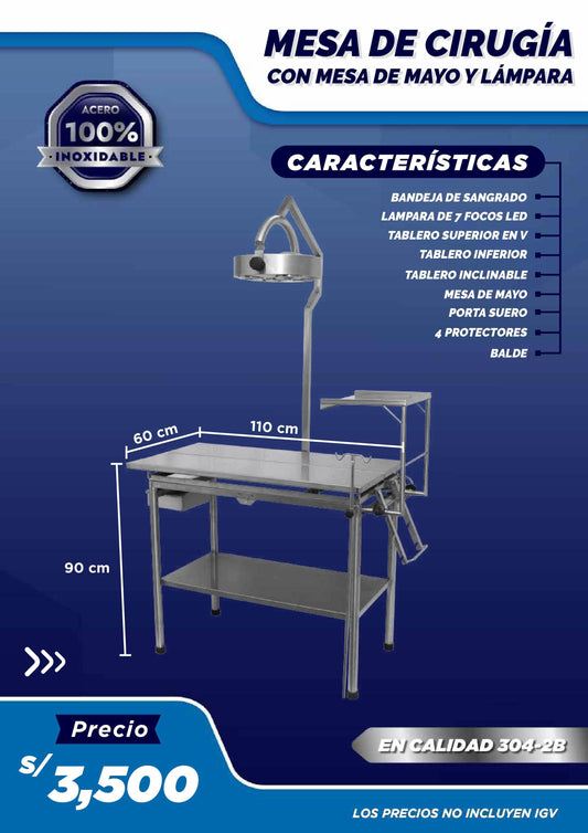 Mesa de Cirugía (con lámpara y mesa de mayo) - LM Inoxidables