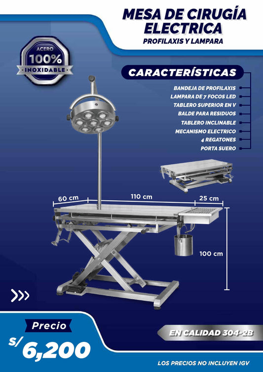 Mesa de Cirugía Eléctrica con Lámpara y Profilaxis - LM Inoxidables