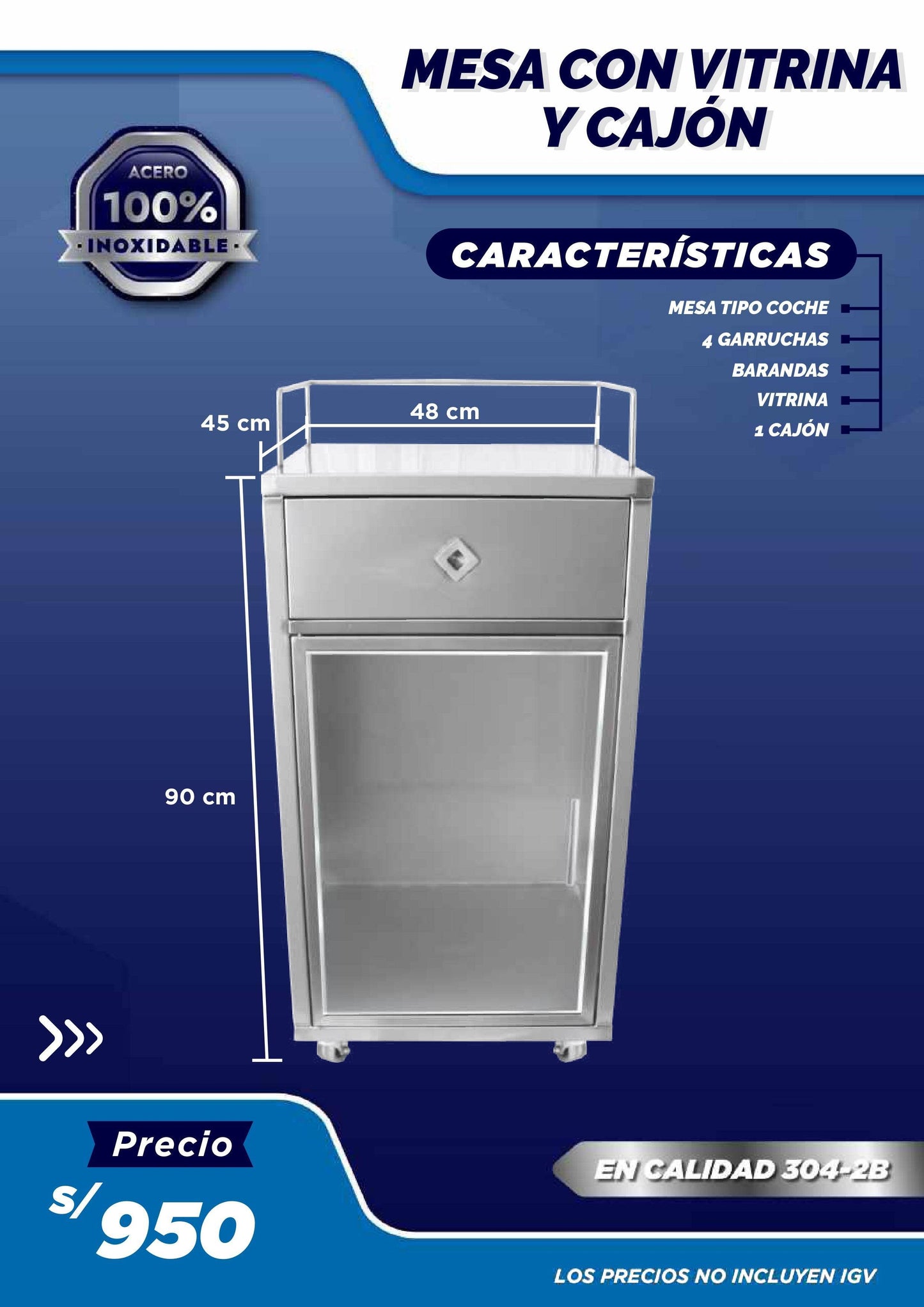 Mesa con Vitrina y Cajón - LM Inoxidables