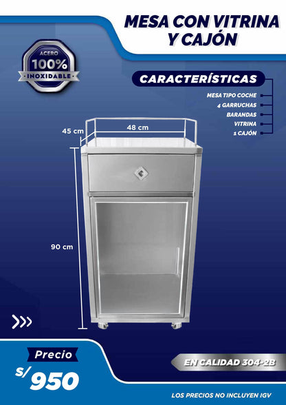 Mesa con Vitrina y Cajón - LM Inoxidables