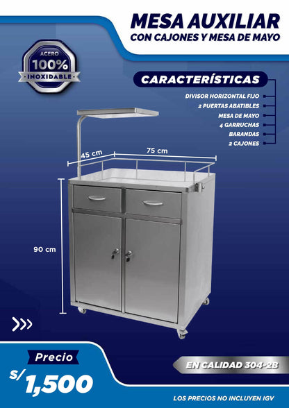 Mesa Auxiliar con Cajones y Mesa de Mayo - LM Inoxidables