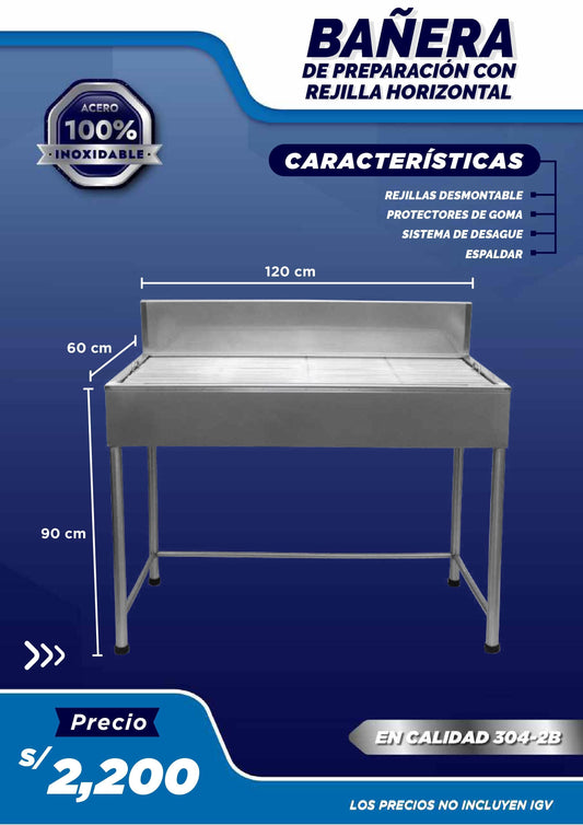 Bañera de Preparación con Rejilla Horizontal - LM Inoxidables