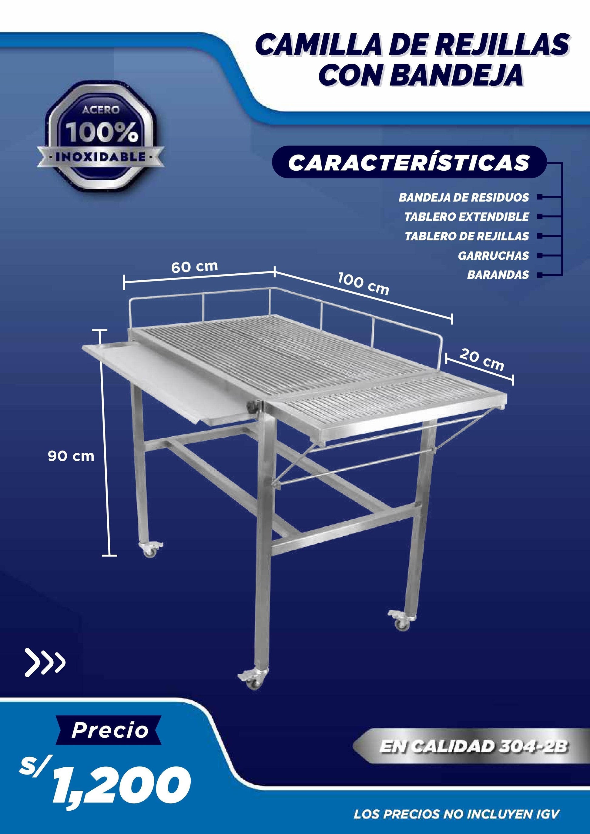 Bañera Tipo Camilla de Rejilla con Bandeja - LM Inoxidables
